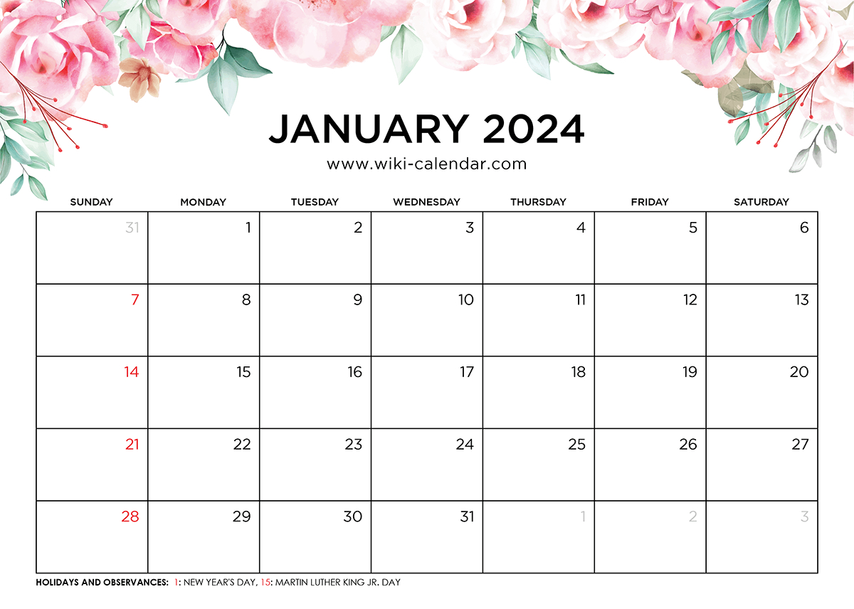 Printable January 2024 Calendar Templates With Holidays | Printable Calendar 2024 January Wiki