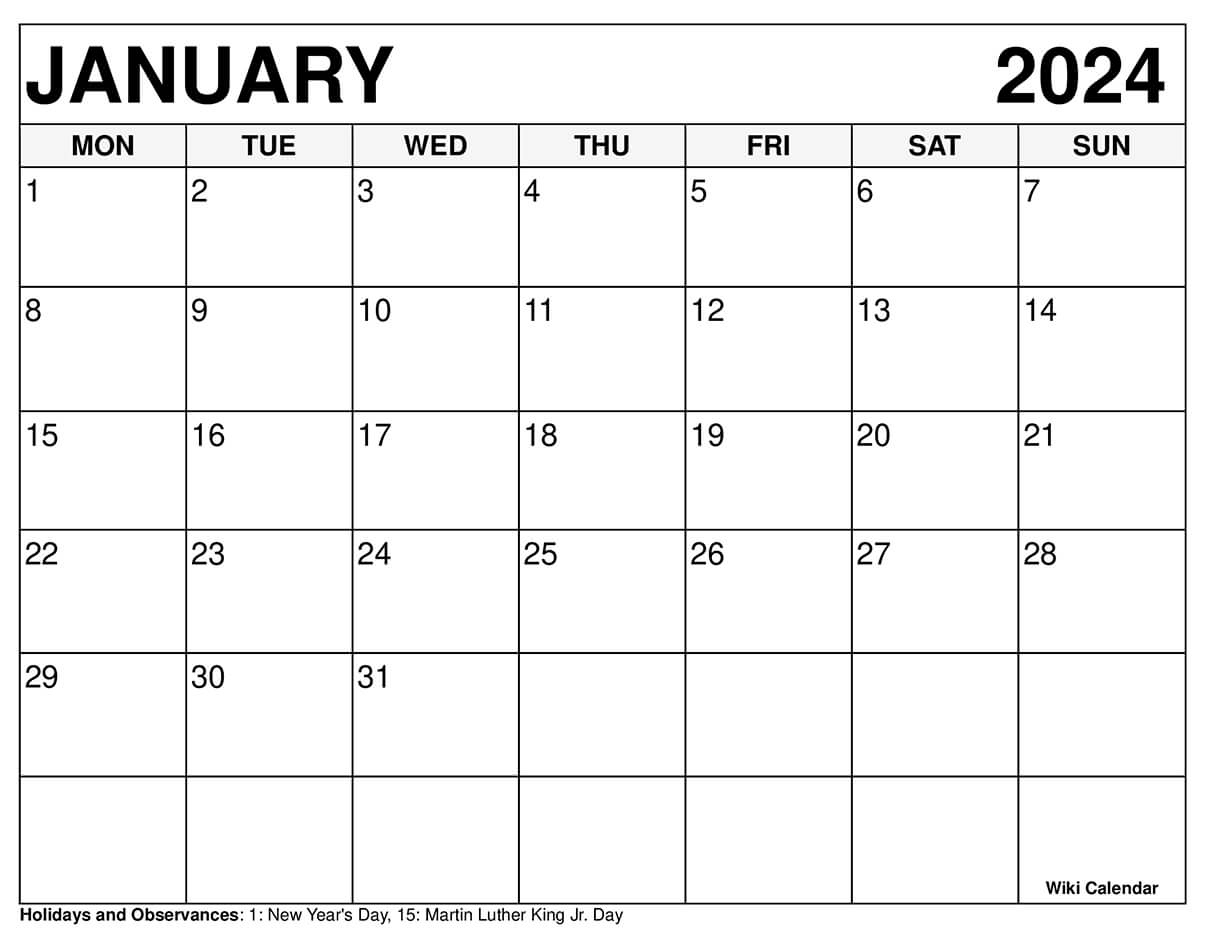 Printable January 2024 Calendar Templates With Holidays | Printable Calendar January 2024 Monday Start