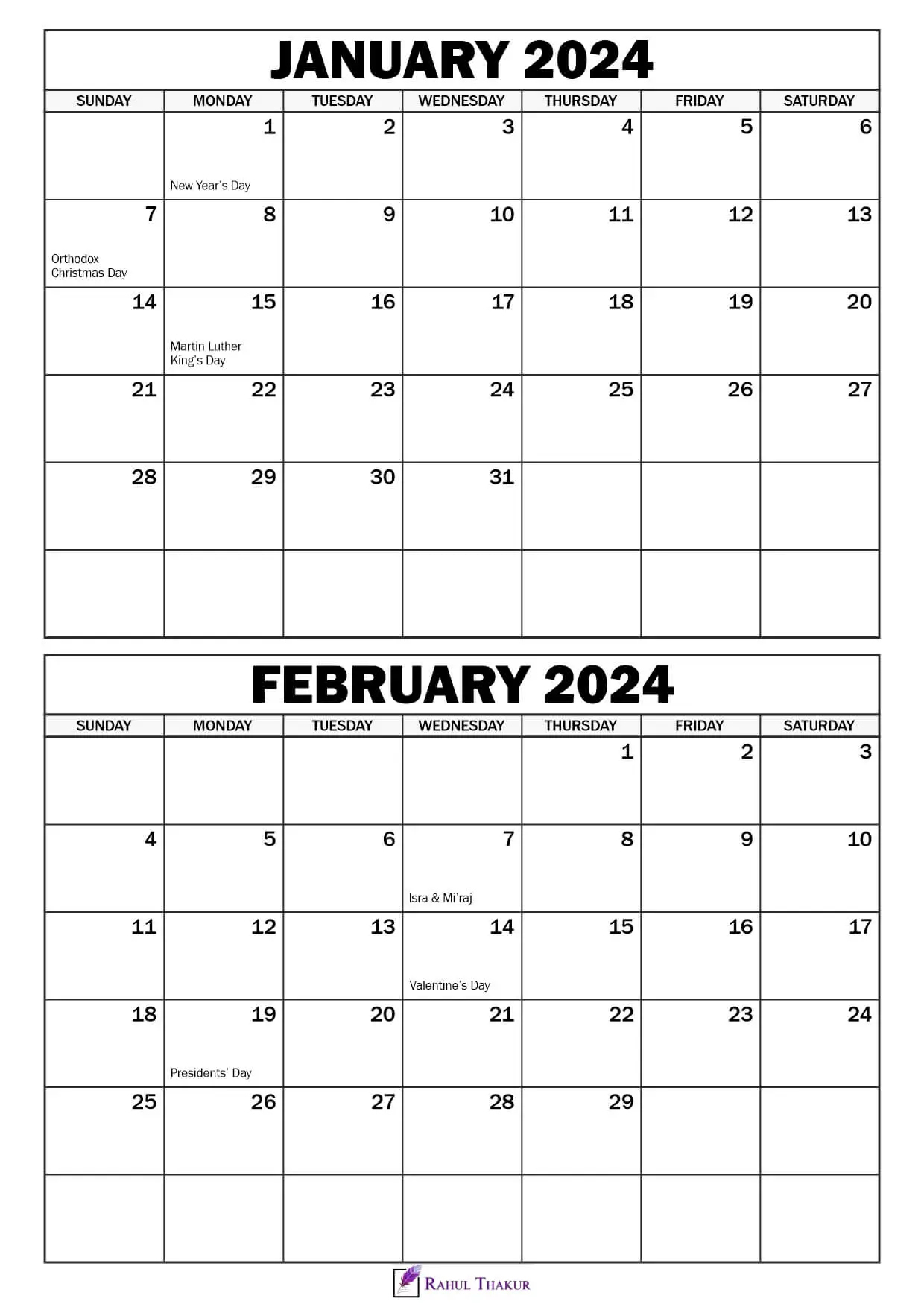 Printable January February 2024 Calendar Template - Thakur Writes | Printable Calendar 2024 January February