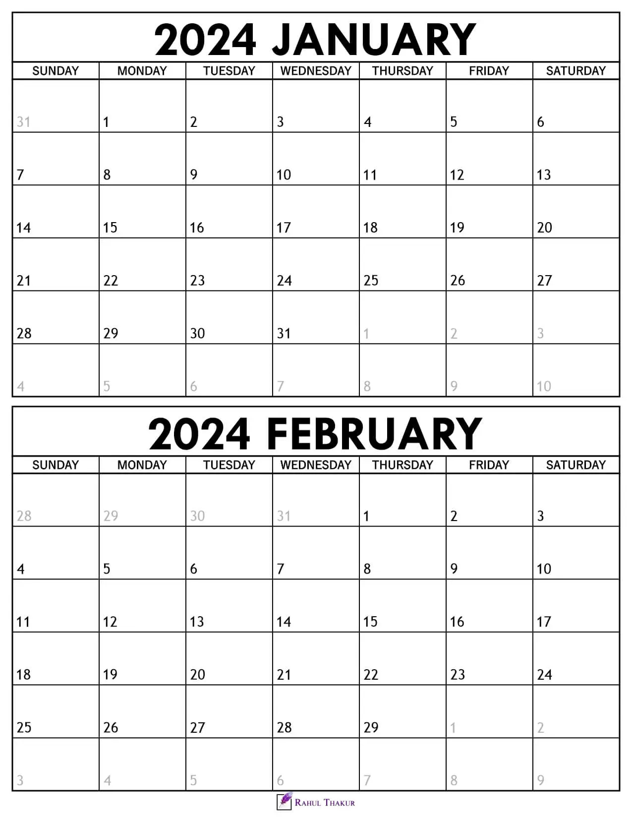 Printable January February 2024 Calendar Template - Thakur Writes | Printable Calendar 2024 January February