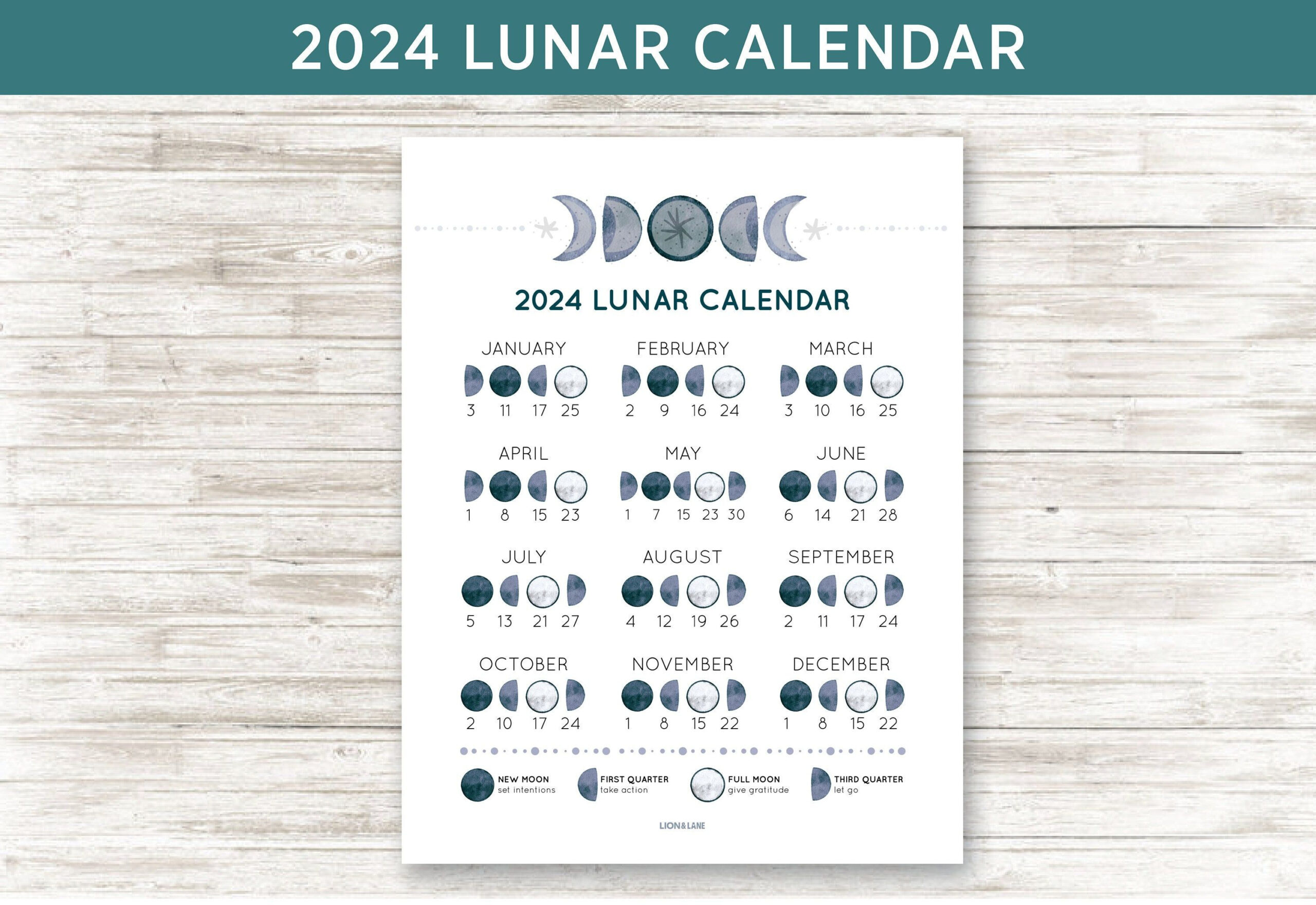 Printable Lunar Calendar 2024 Moon Phase Calendar 2024 - Etsy In | Lunar Calendar 2024 Printable