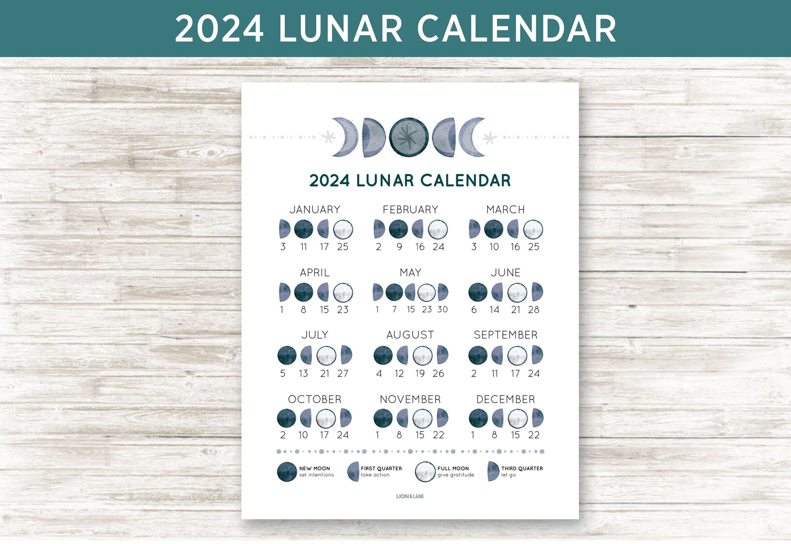 Printable Lunar Calendar 2024 Moon Phase Calendar 2024 - Etsy In | Printable Lunar Calendar 2024