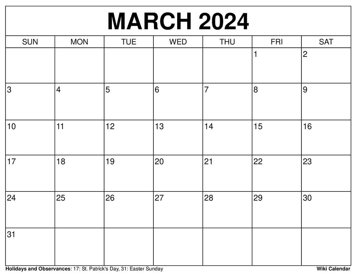 Printable March 2024 Calendar Templates With Holidays | Free Printable Calendar 2024 Wiki Calendar