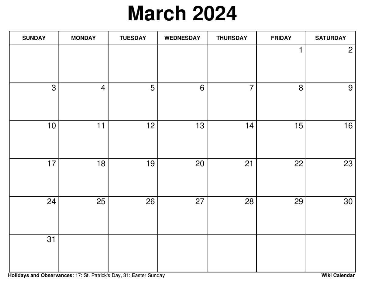 Printable March 2024 Calendar Templates With Holidays | Printable Calendar 2024 Wiki Calendar