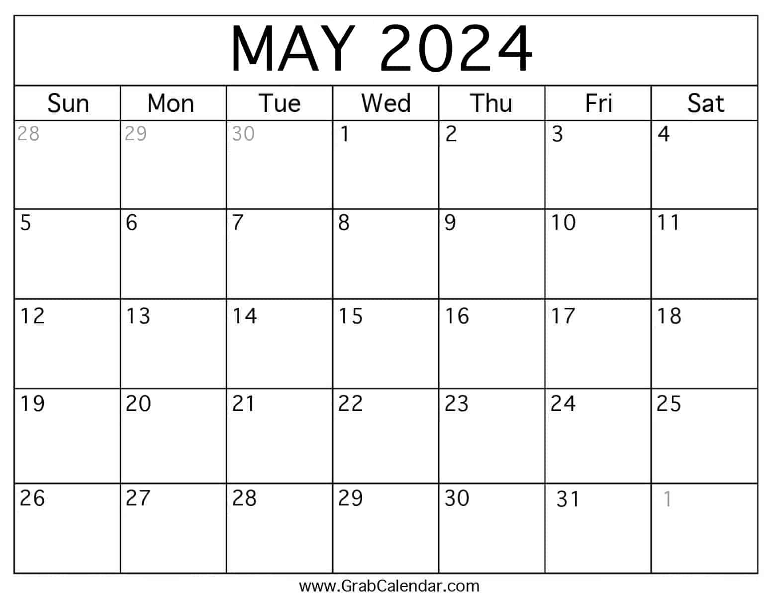 Printable May 2024 Calendar | Free Printable Calendar 2024 May