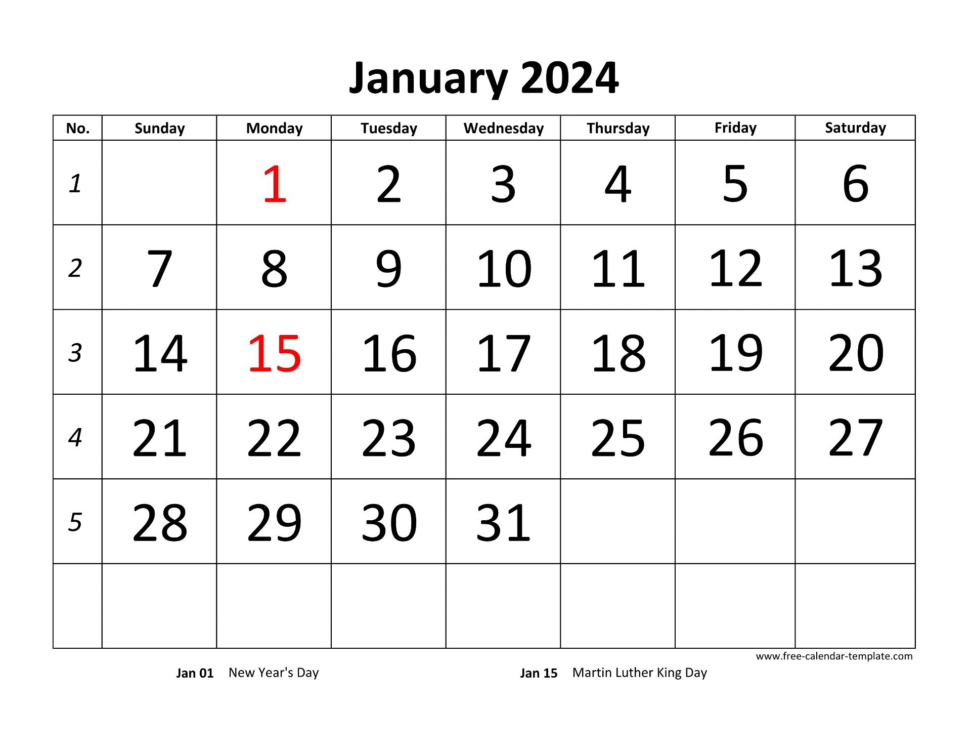 Printable Monthly Calendar 2024 | Free-Calendar-Template | Calendar 2024 Printable Free Monthly