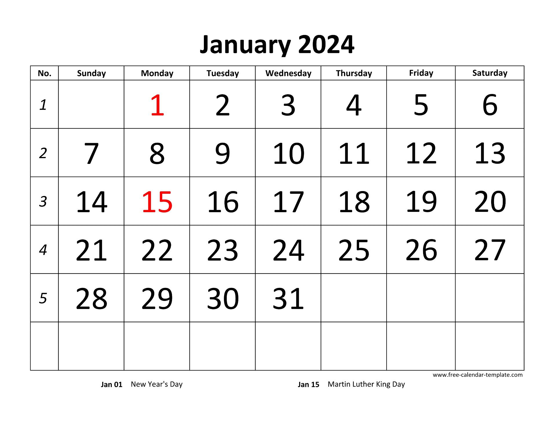 Printable Monthly Calendar 2024 | Free-Calendar-Template | Free Printable Calendar 2024 Large Print