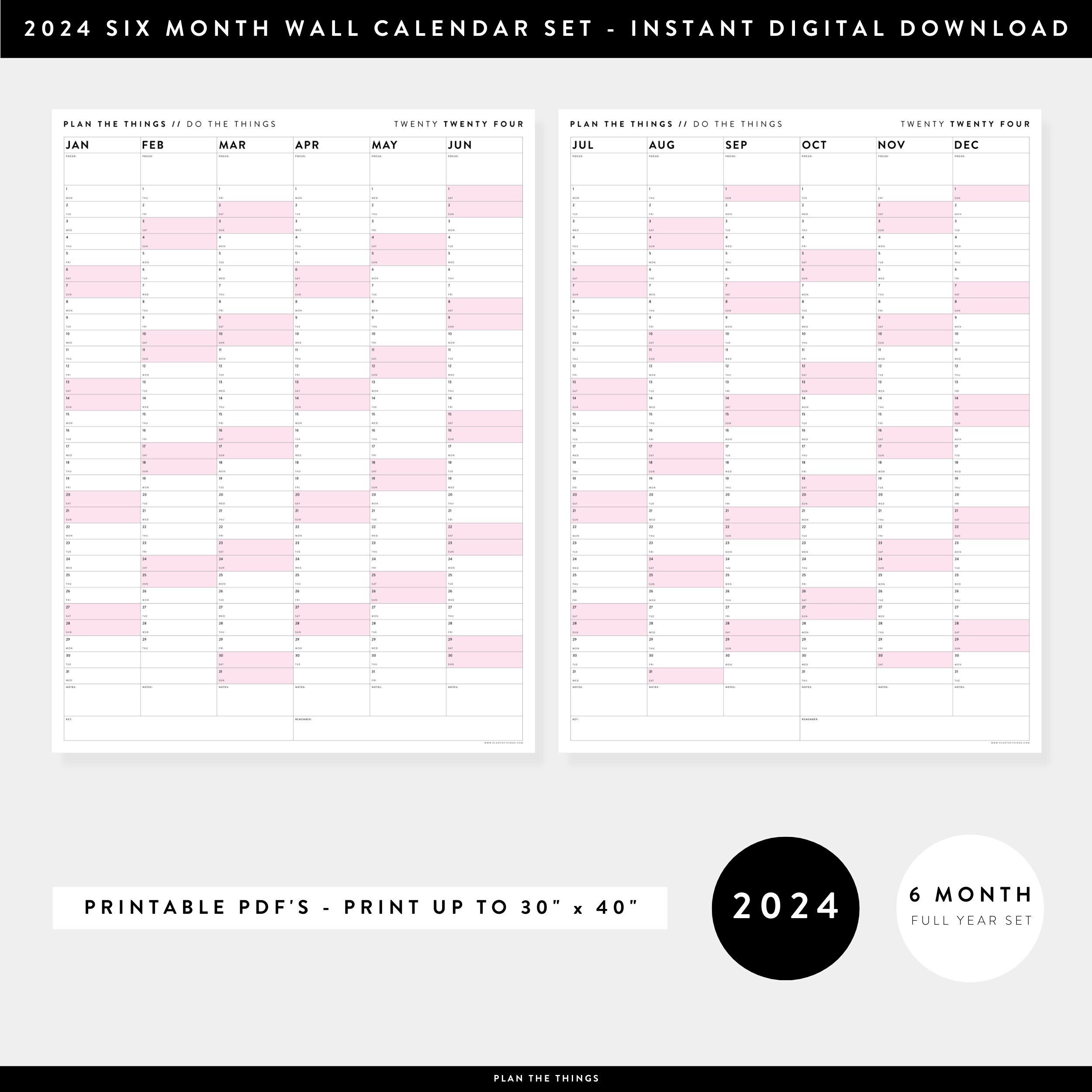Printable Six Month Giant Wall Calendar Set 2024 Ensemble - Etsy | Printable Calendar 2024 6 Months