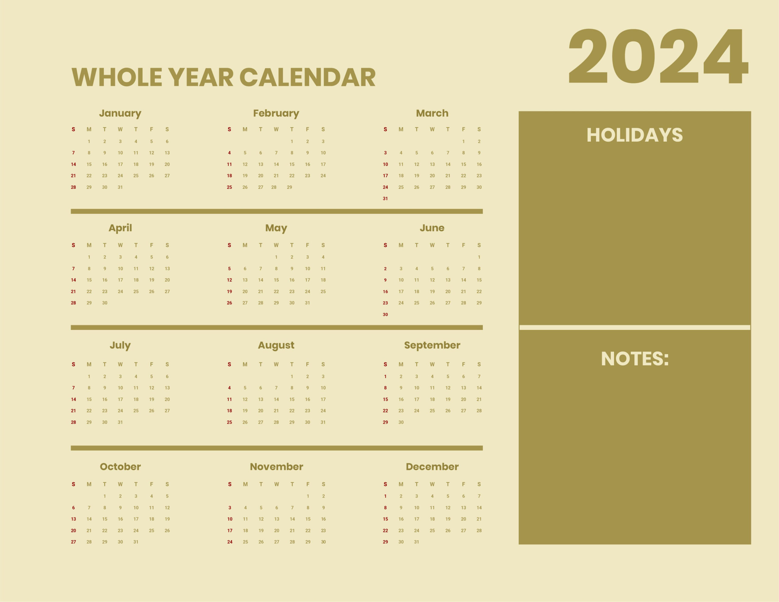 Printable Year 2024 Monthly Calendar - Download In Word | 2024 Calendar Printable Microsoft