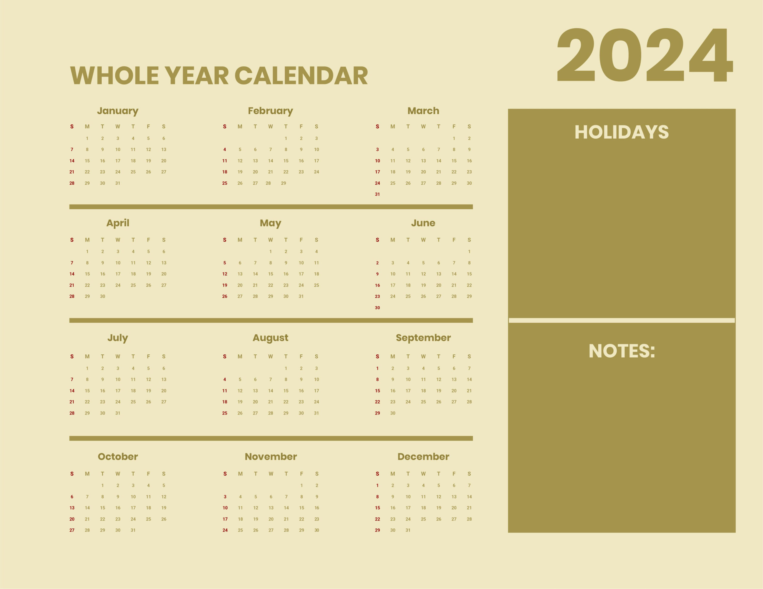 Printable Year 2024 Monthly Calendar - Download In Word | 2024 Yearly Calendar By Month