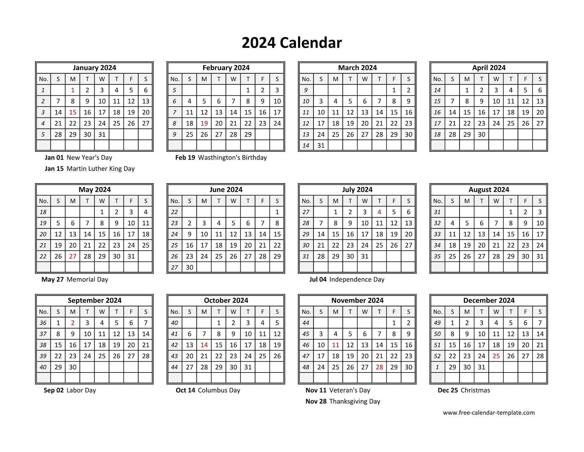 Printable Yearly Calendar 2024 | Free-Calendar-Template | 2024 Annual Calendar One Page