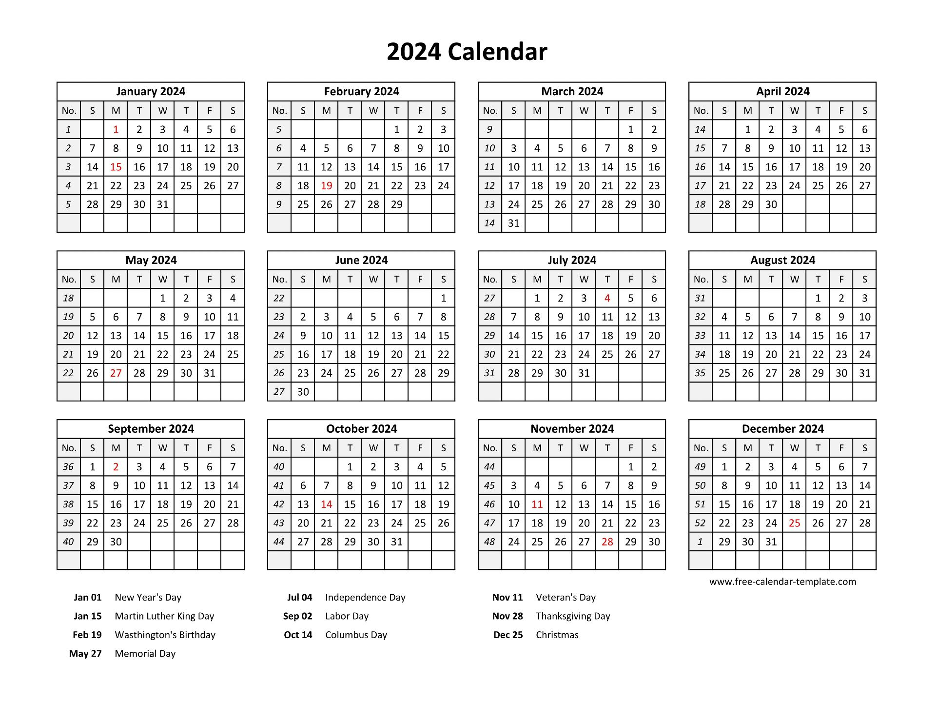 Printable Yearly Calendar 2024 With Us Holidays | Free-Calendar | 2024 Calendar Free Printable One Page Word