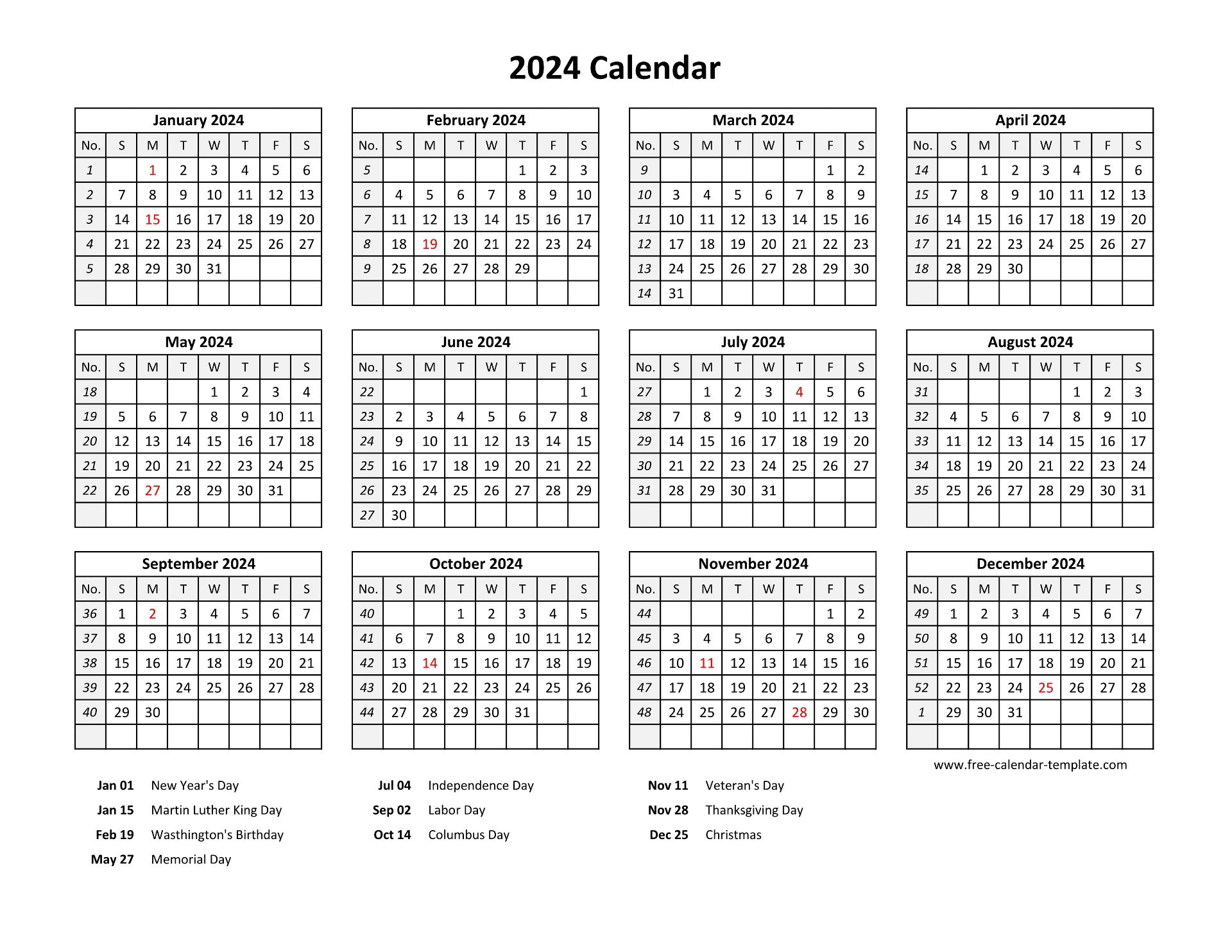 Printable Yearly Calendar 2024 With Us Holidays | Free-Calendar | 2024 Yearly Calendar Printable One Page Word
