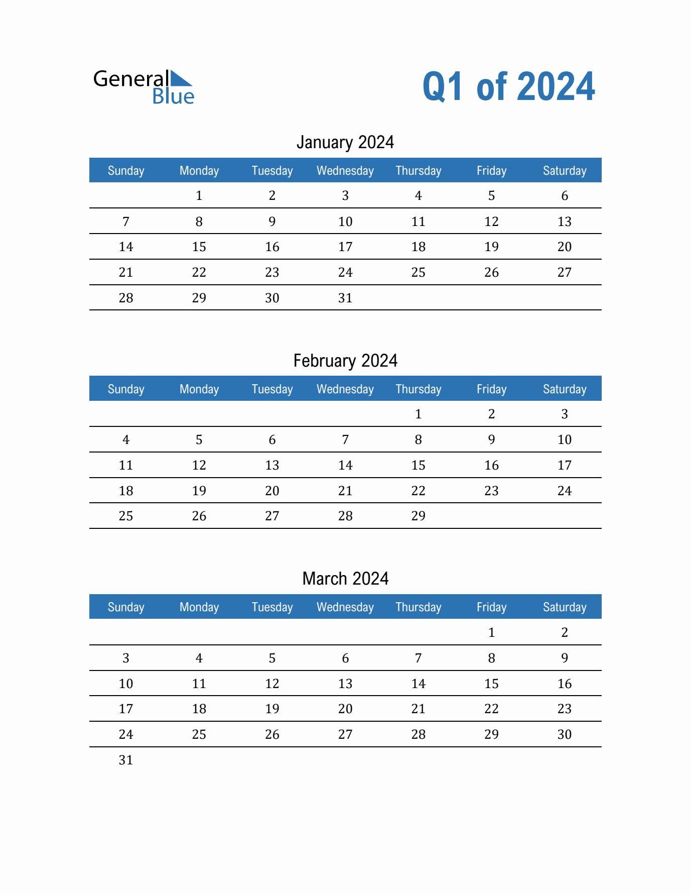 Q1 Quarterly Calendar 2024 In Pdf, Word, Excel | Q1 2024 Calendar Printable