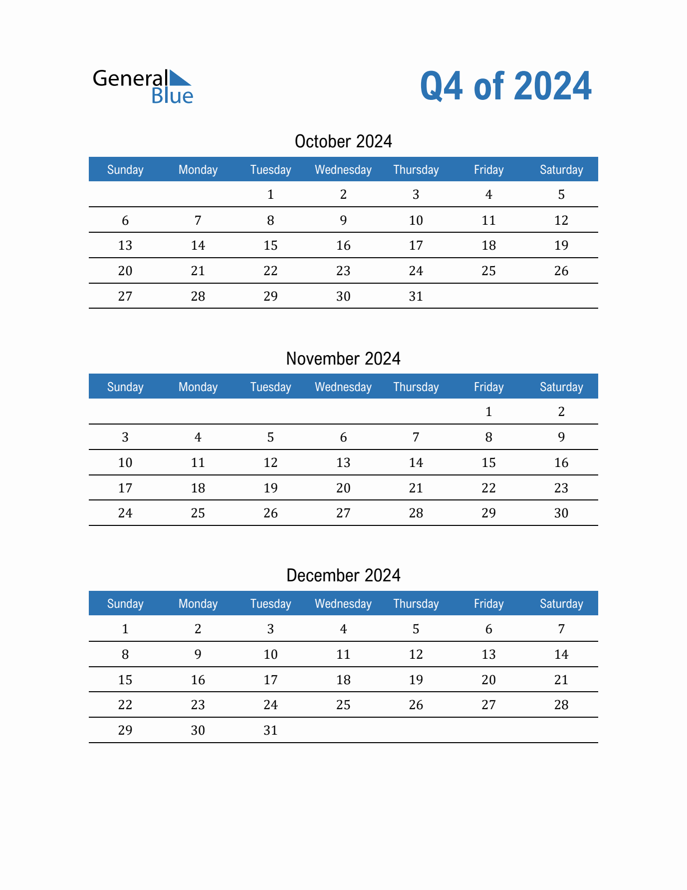 Q4 Quarterly Calendar 2024 In Pdf, Word, Excel | 2024 Calendar Printable Quarterly