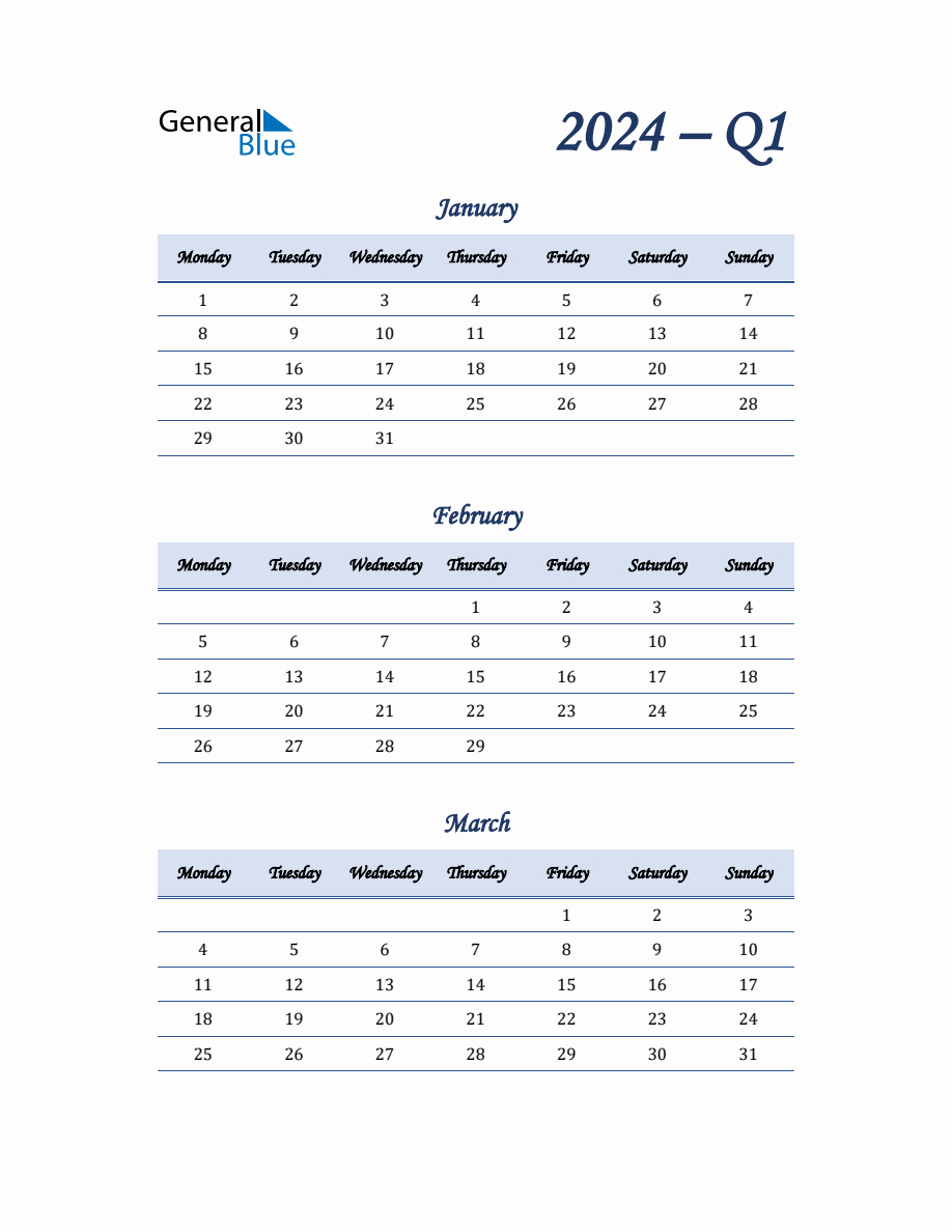 Quarterly Calendar For Quarter 1 2024 In Pdf, Word, Excel | General Blue 2024 Printable Calendar
