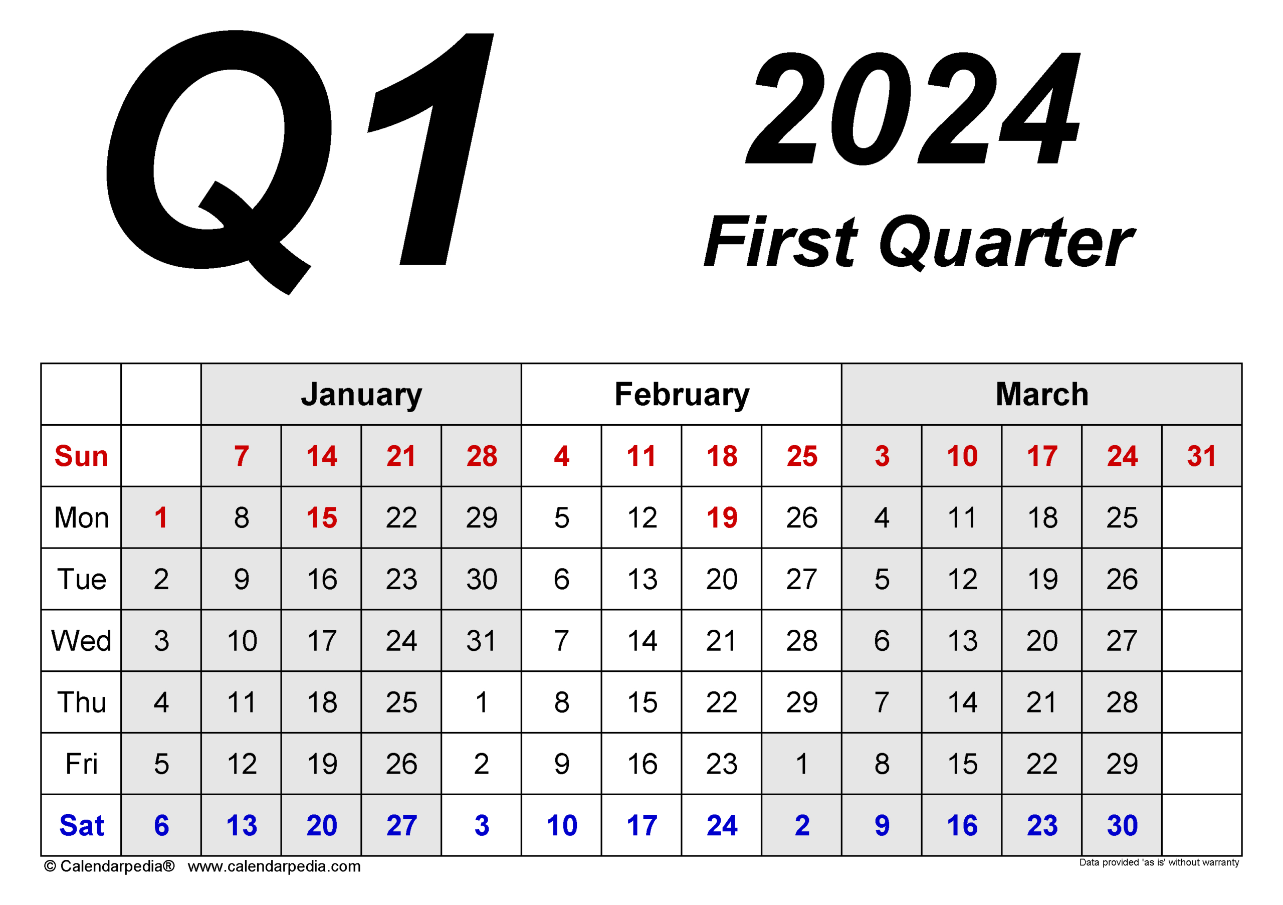 Quarterly Calendars 2024 - Free Printable Pdf Templates | Q1 2024 Calendar Printable