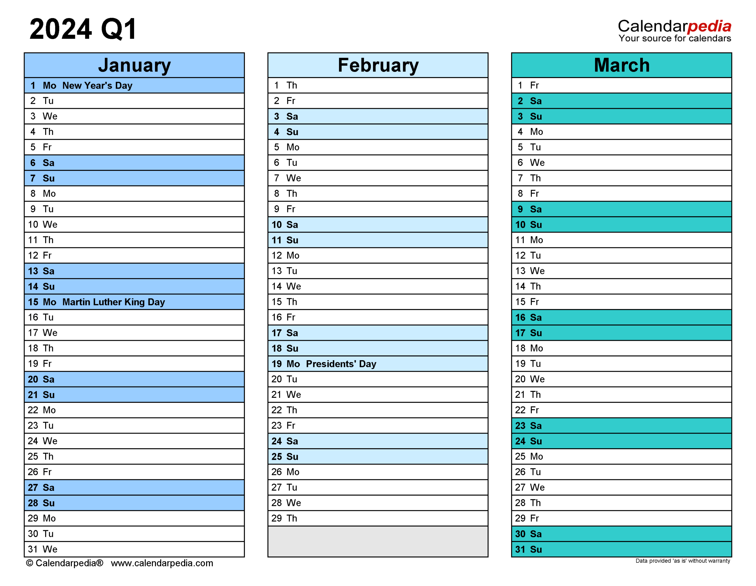 Quarterly Calendars 2024 - Free Printable Pdf Templates | Q1 2024 Calendar Printable