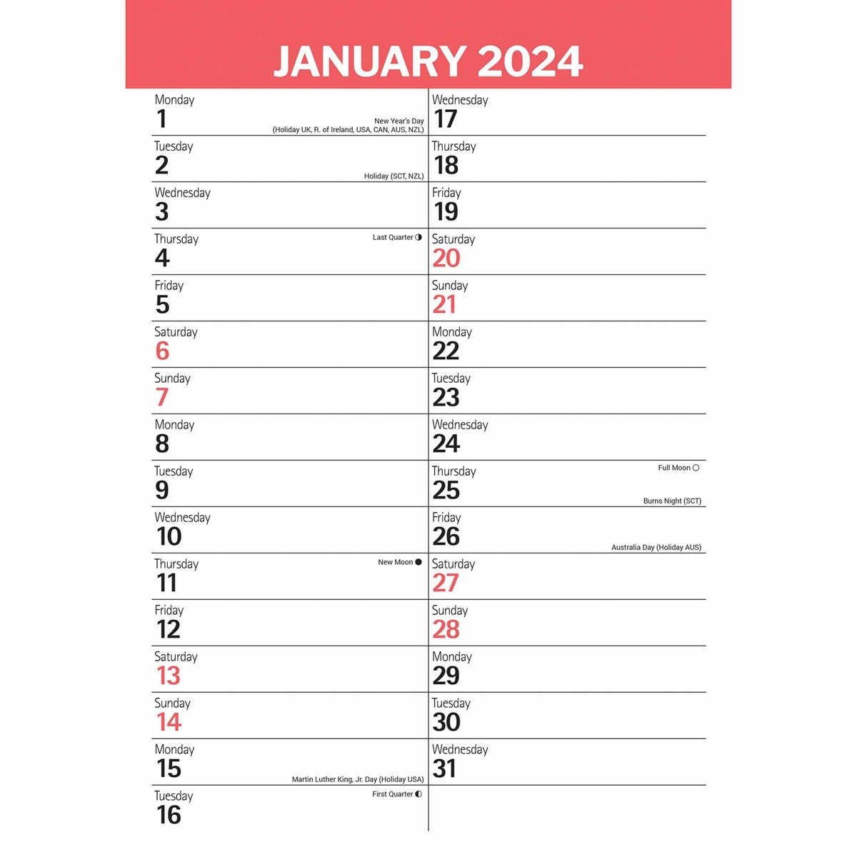 Red &Amp;Amp;Amp; Black Basic A3 Calendar 2024 | Printable Calendar 2024 A3