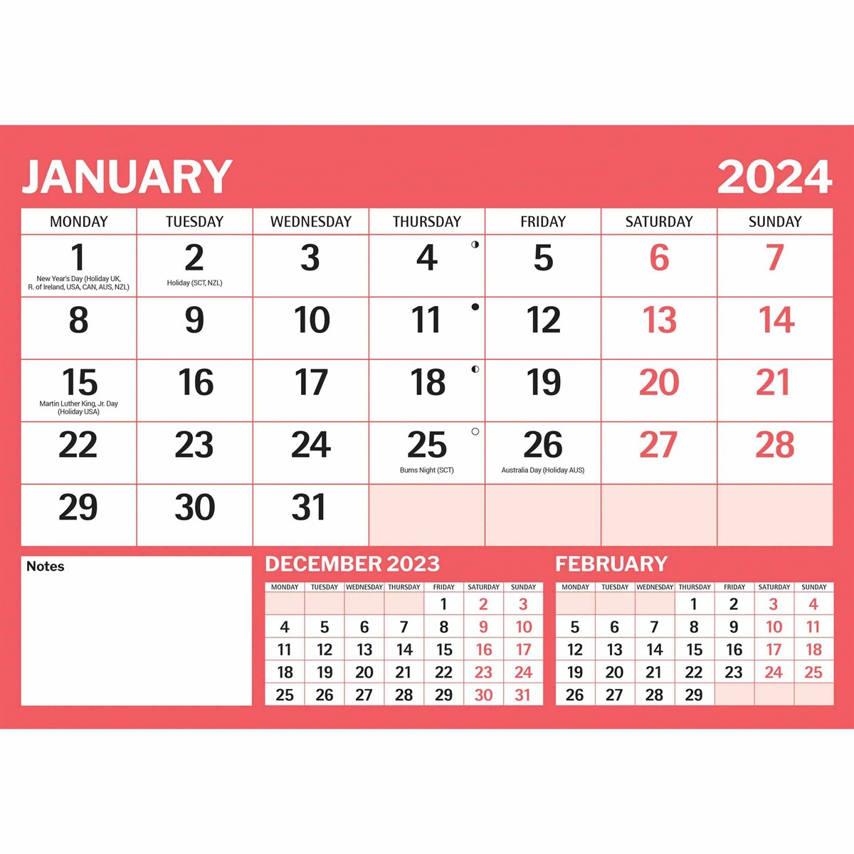 Red &amp;amp; Black Basic A4 Large Print Calendar 2024 | 2024 Calendar Large Print