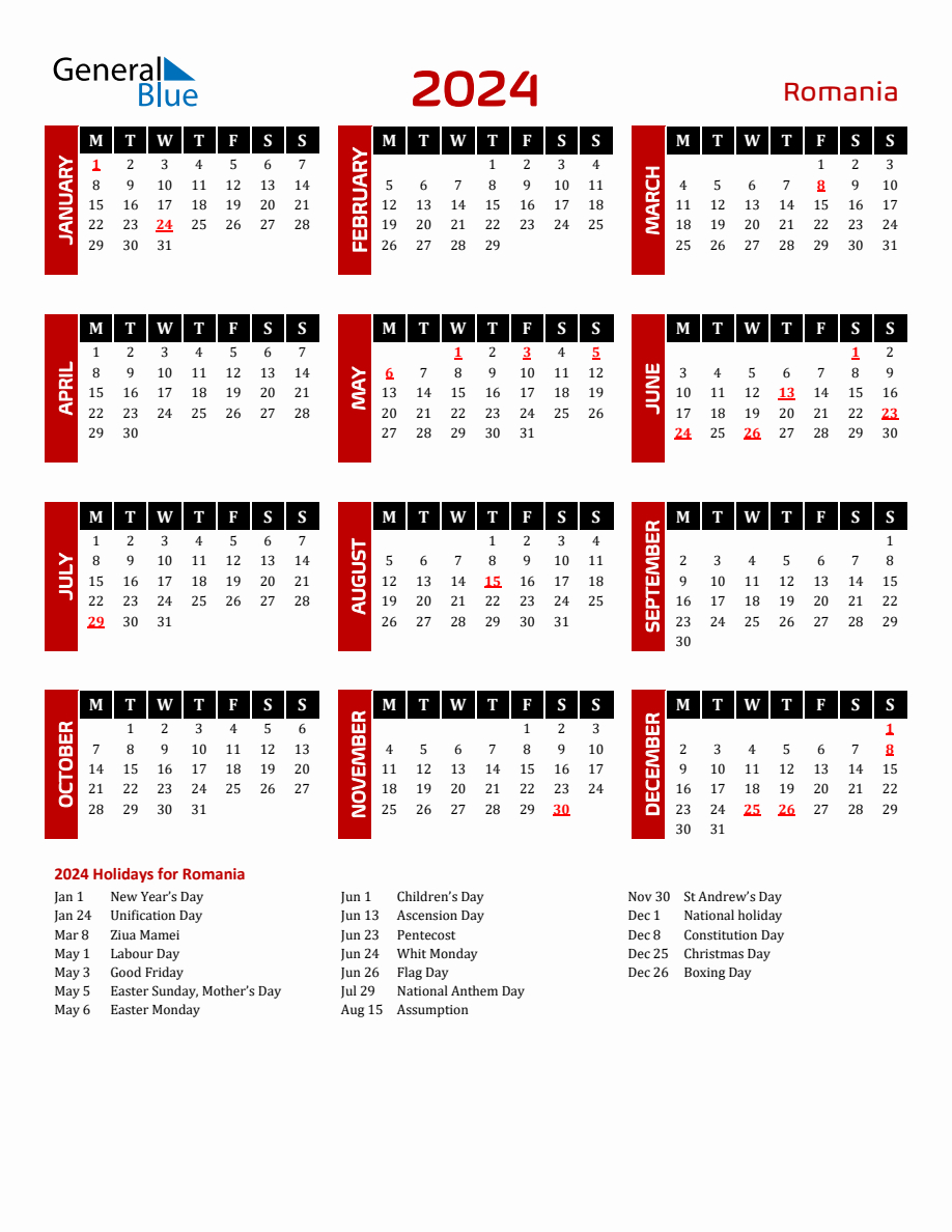 Romania 2024 Yearly Calendar Downloadable | Calendar 2024 Romanesc Printable