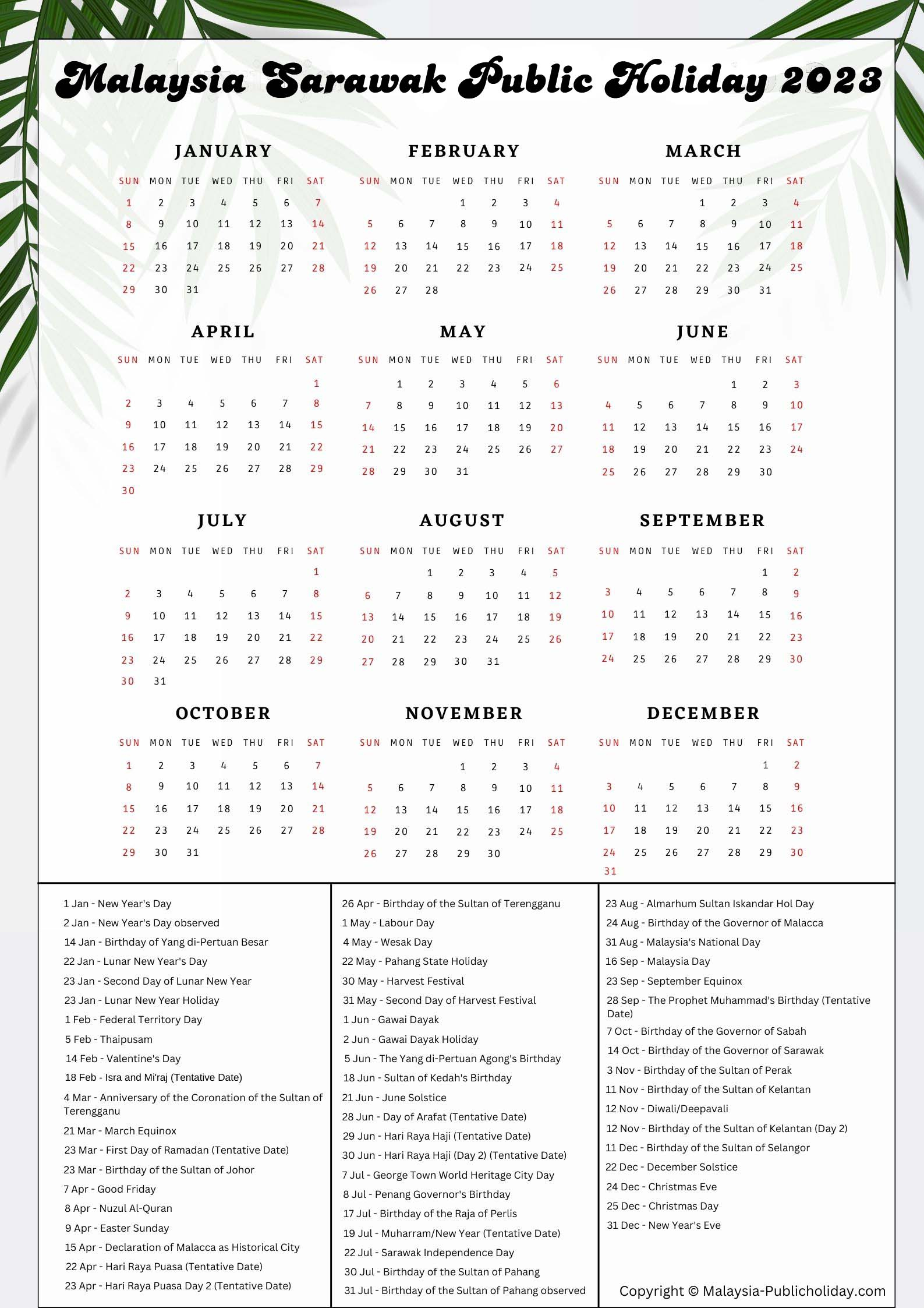 Sarawak Holiday Calendar 2023 [Public &Amp;Amp;Amp; Federal]❤️ | Printable Calendar 2024 Sarawak