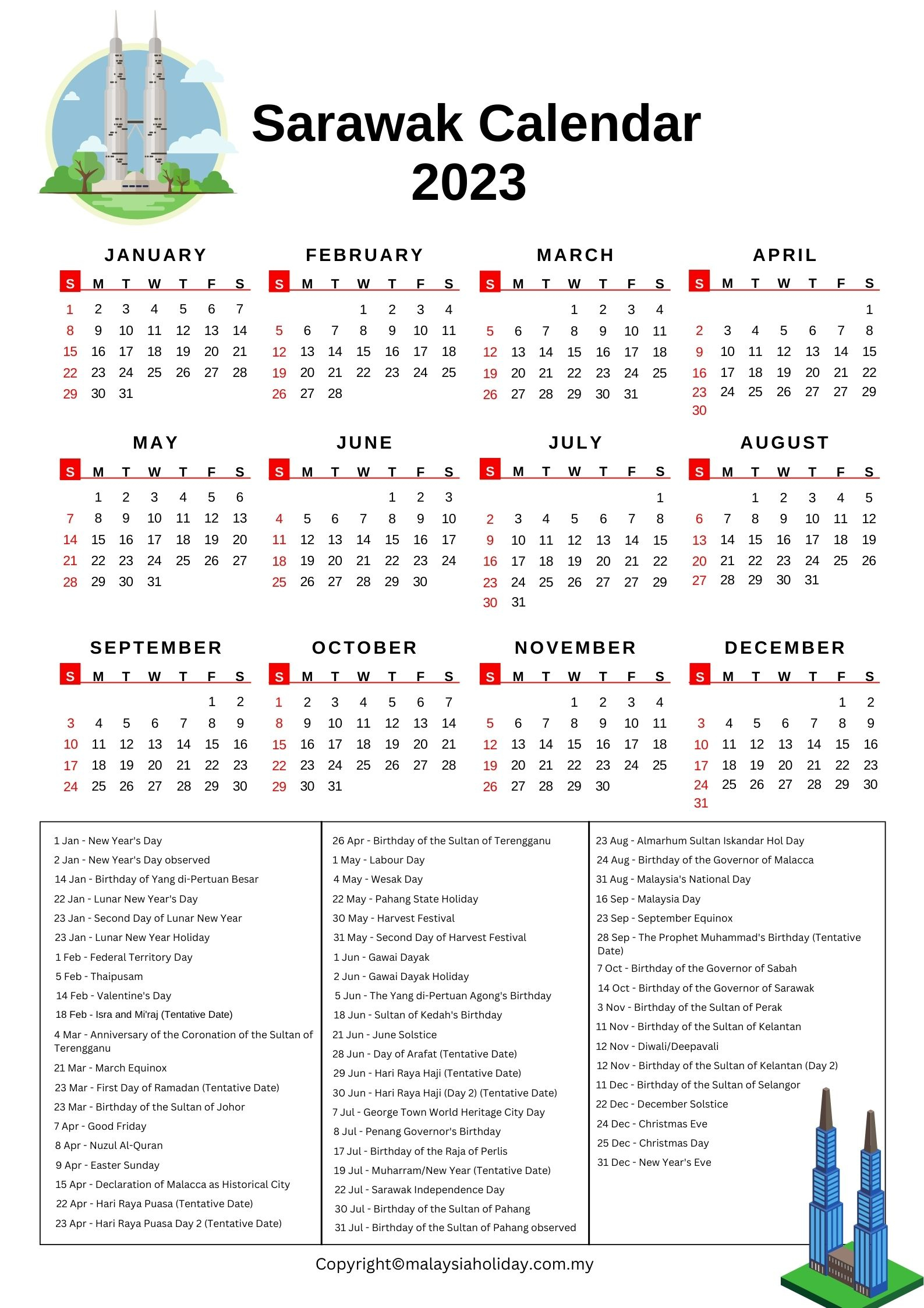 Sarawak Public Holidays 2023 | Sarawak Holiday Calendar❤️ | Printable Calendar 2024 Sarawak