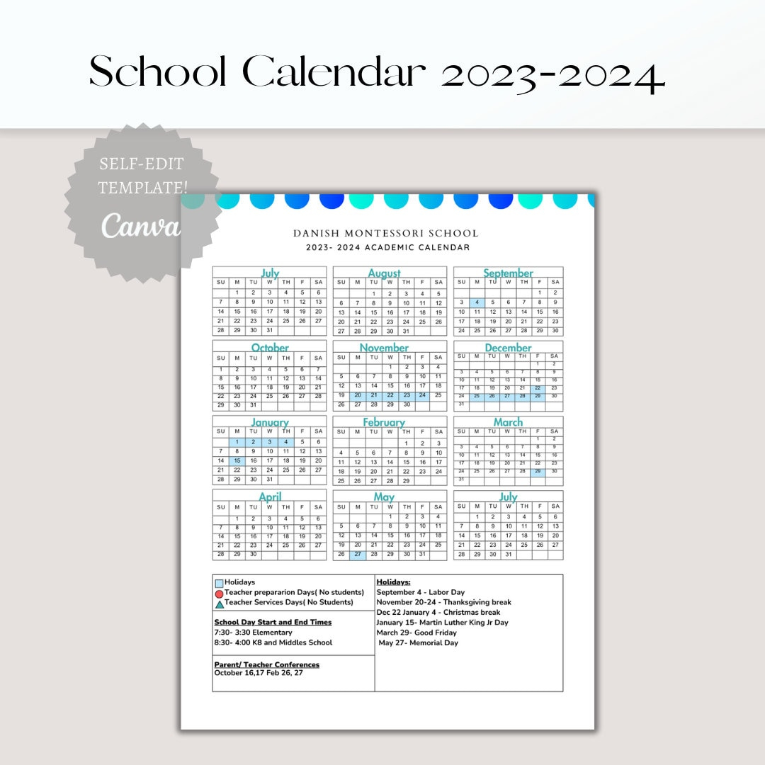 School Calendar 2023 2024 Perfect For Preschool Daycare Or - Etsy | School Calendar 2024 Mauritius Printable