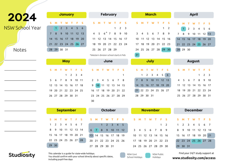 School Terms And Public Holiday Dates For Nsw In 2024 | Studiosity | 2024 Calendar Printable NSW