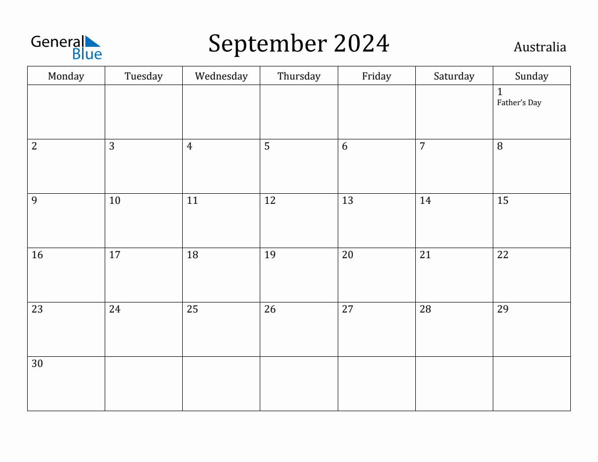 September 2024 - Australia Monthly Calendar With Holidays | Printable Monthly Calendar 2024 Australia