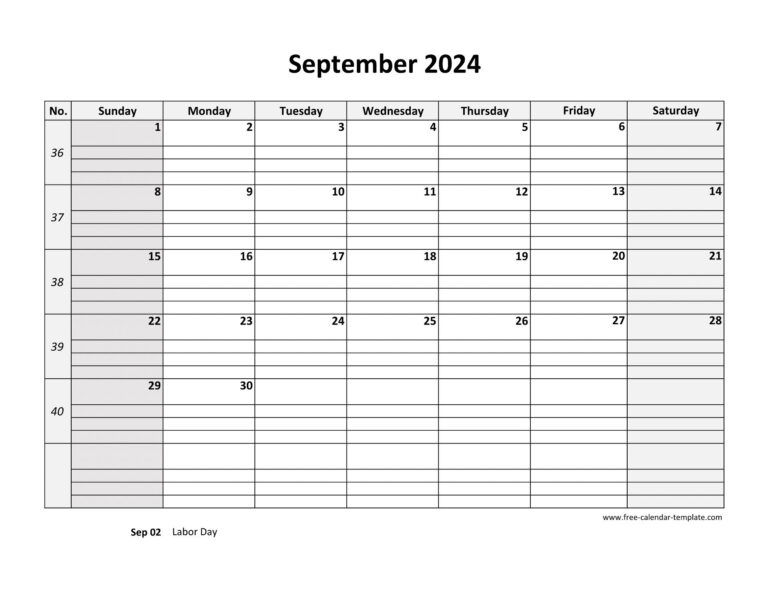 September 2024 Calendar Free Printable With Grid Lines Designed | Free Printable Calendar 2024 Monthly With Lines