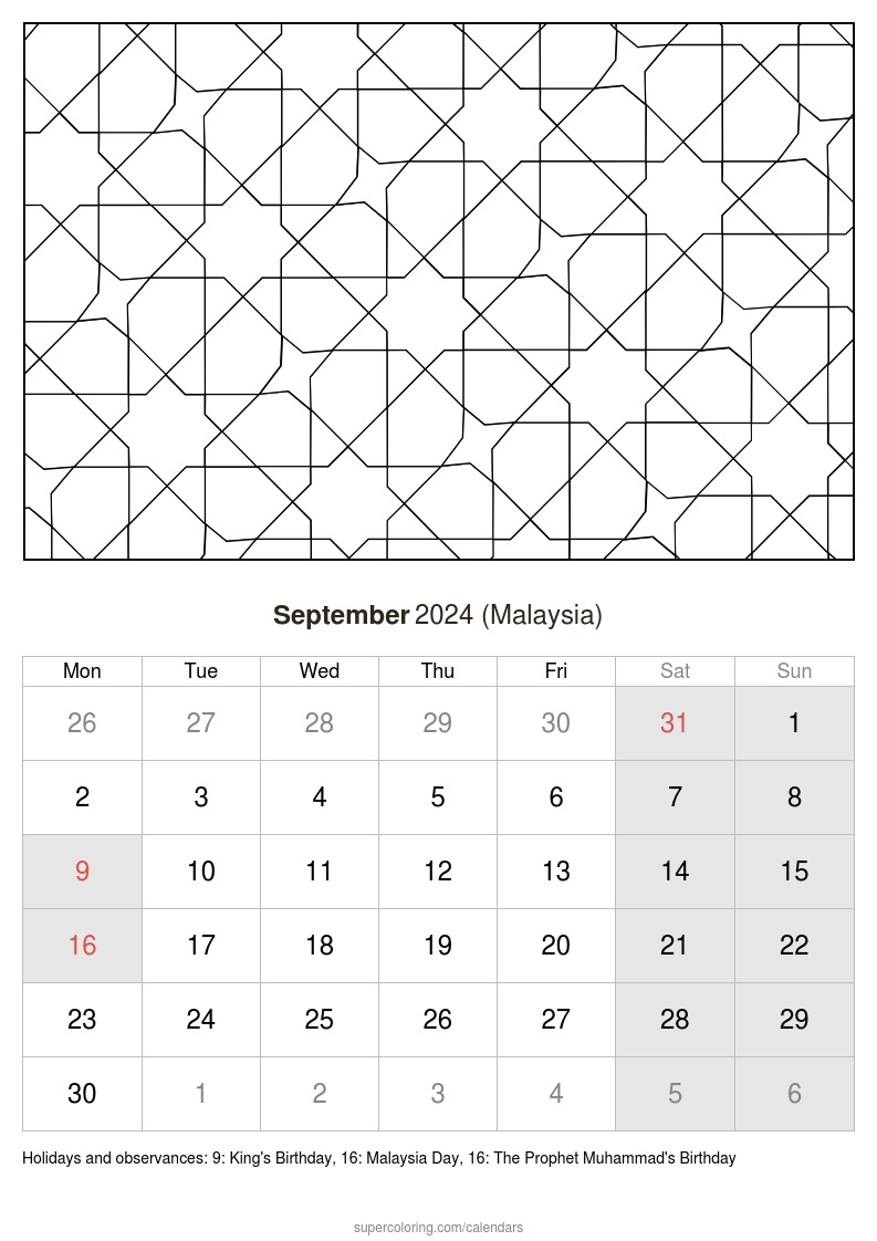 September 2024 Calendar - Malaysia | Printable Calendar 2024 Sarawak