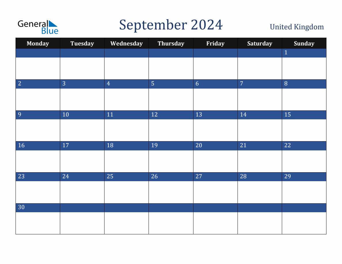 September 2024 United Kingdom Holiday Calendar | Calendar 2024 Printable General Blue