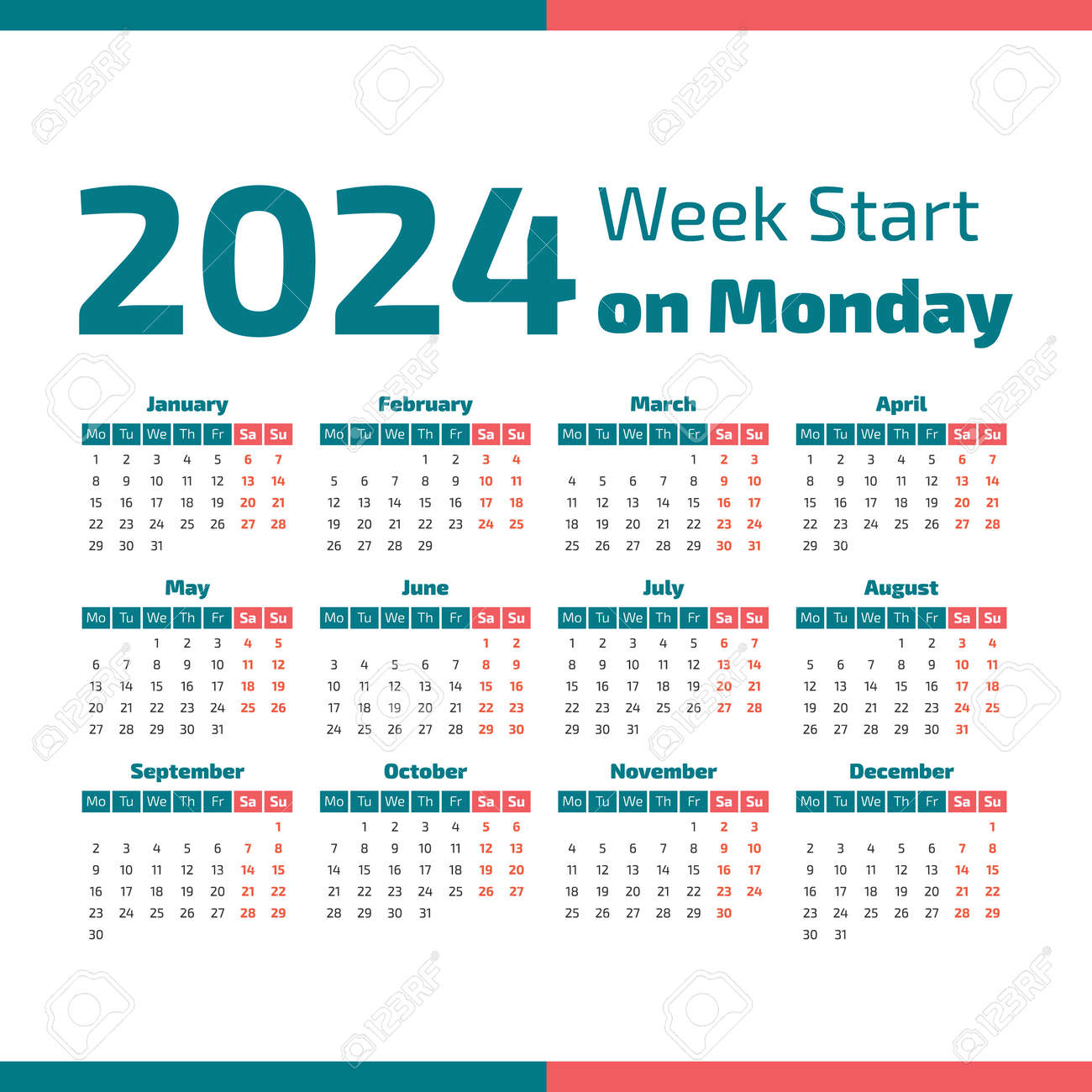 Simple 2024 Year Calendar, Week Starts On Monday Stock Photo | 2024 Yearly Calendar Monday Start