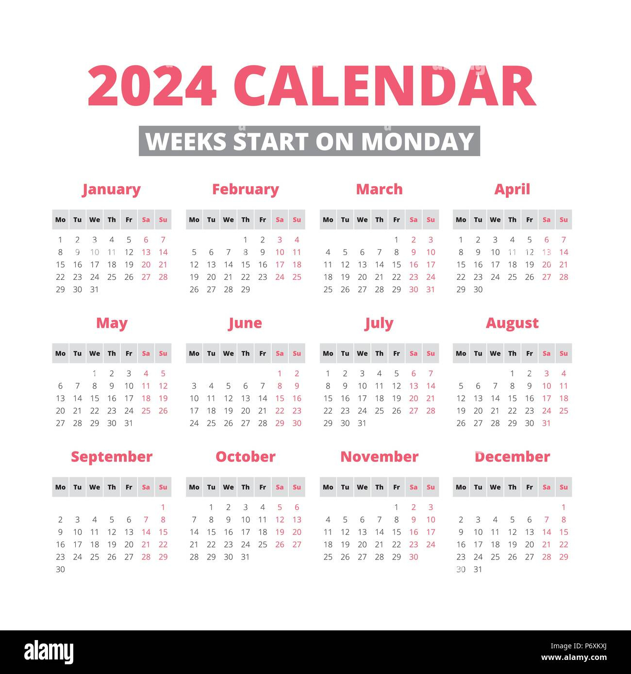 Simple 2024 Year Calendar, Week Starts On Monday Stock Vector | 2024 Calendar Printable Monday To Sunday