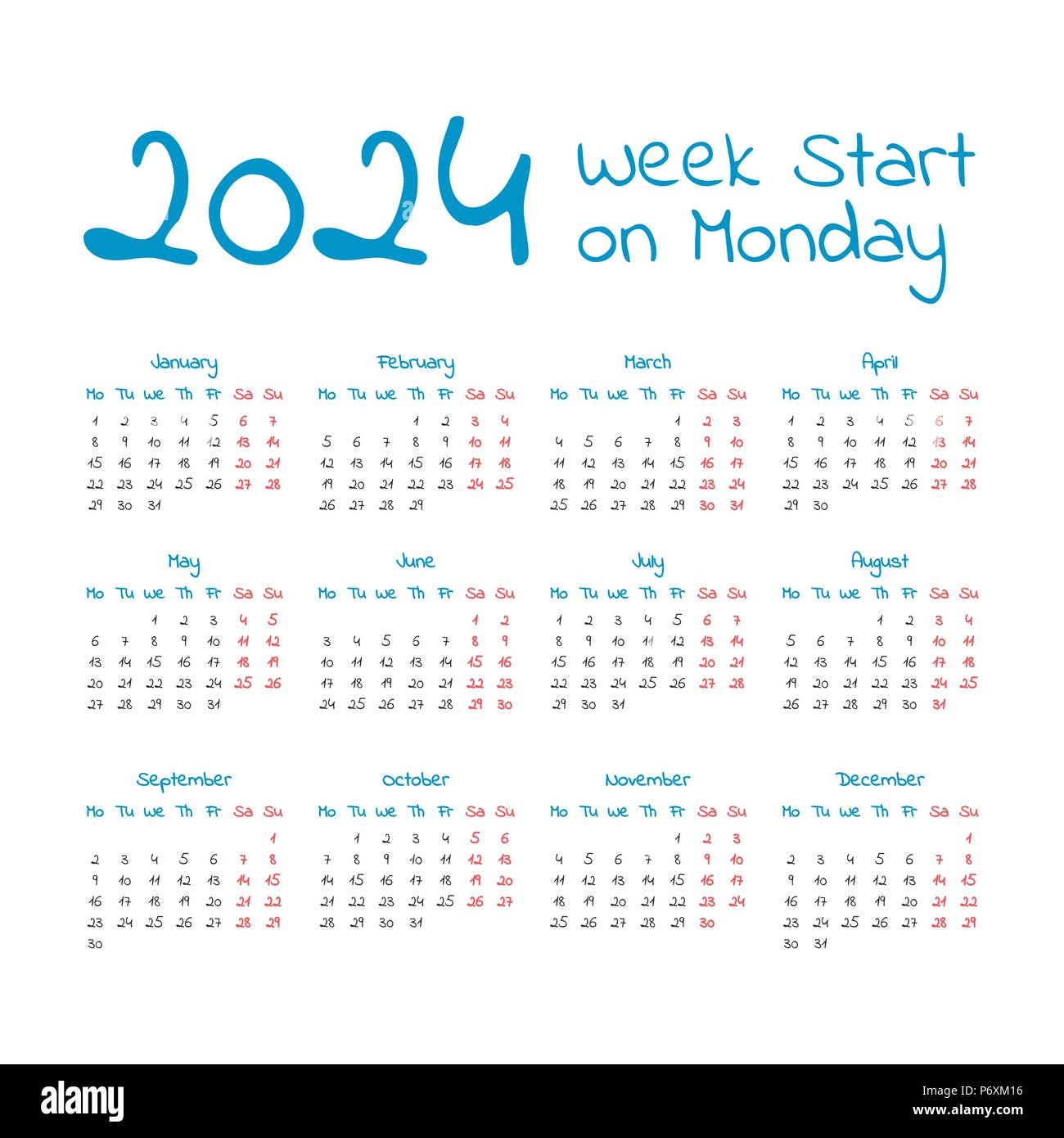 Simple 2024 Year Calendar, Week Starts On Monday Stock Vector | 2024 Year Calendar Starting Monday