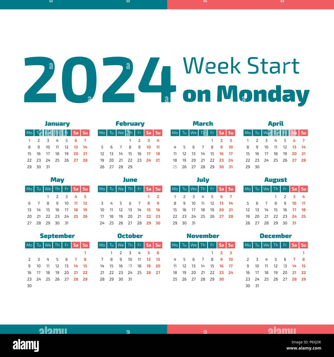 Simple 2024 Year Calendar, Week Starts On Monday Stock Vector | 2024 Yearly Calendar Monday Start