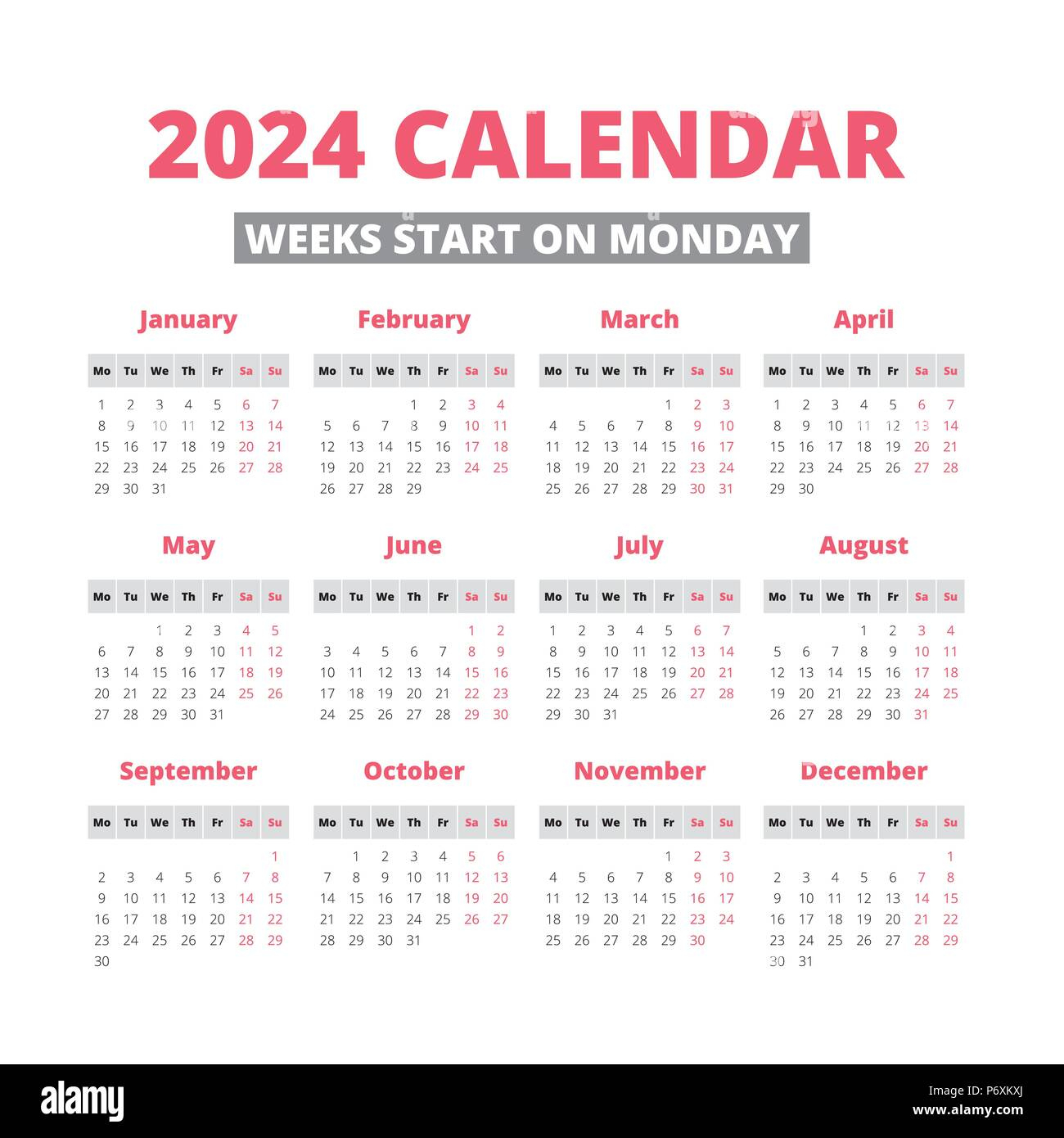 Simple 2024 Year Calendar, Week Starts On Monday Stock Vector | Printable Calendar 2024 Starting Monday