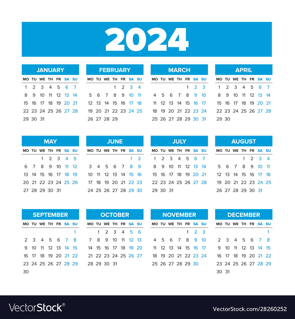 Simple Calendar 2024 Weeks Start On Monday Vector Image | 2024 Year Calendar Starting Monday
