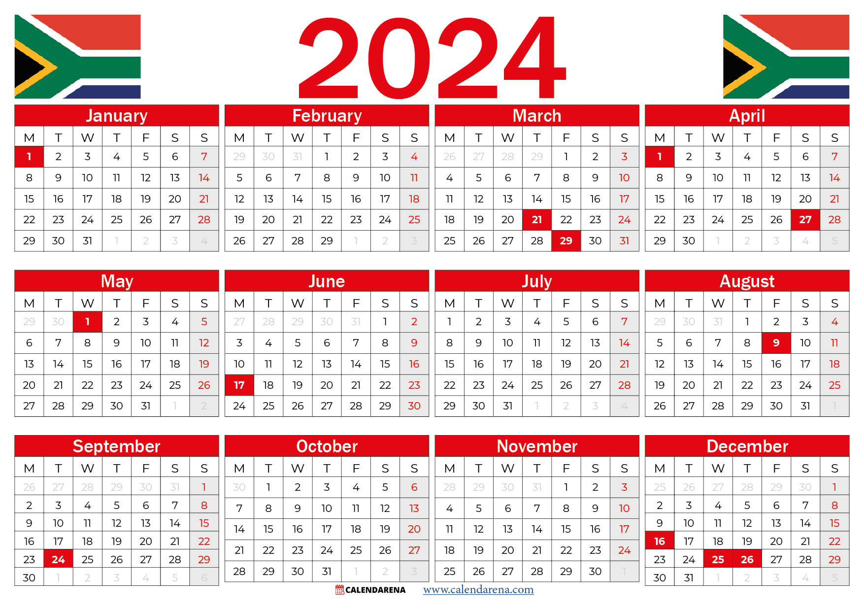 South Africa 2023 Calendar With Holidays Printable | Calendar 2024 Printable South Africa