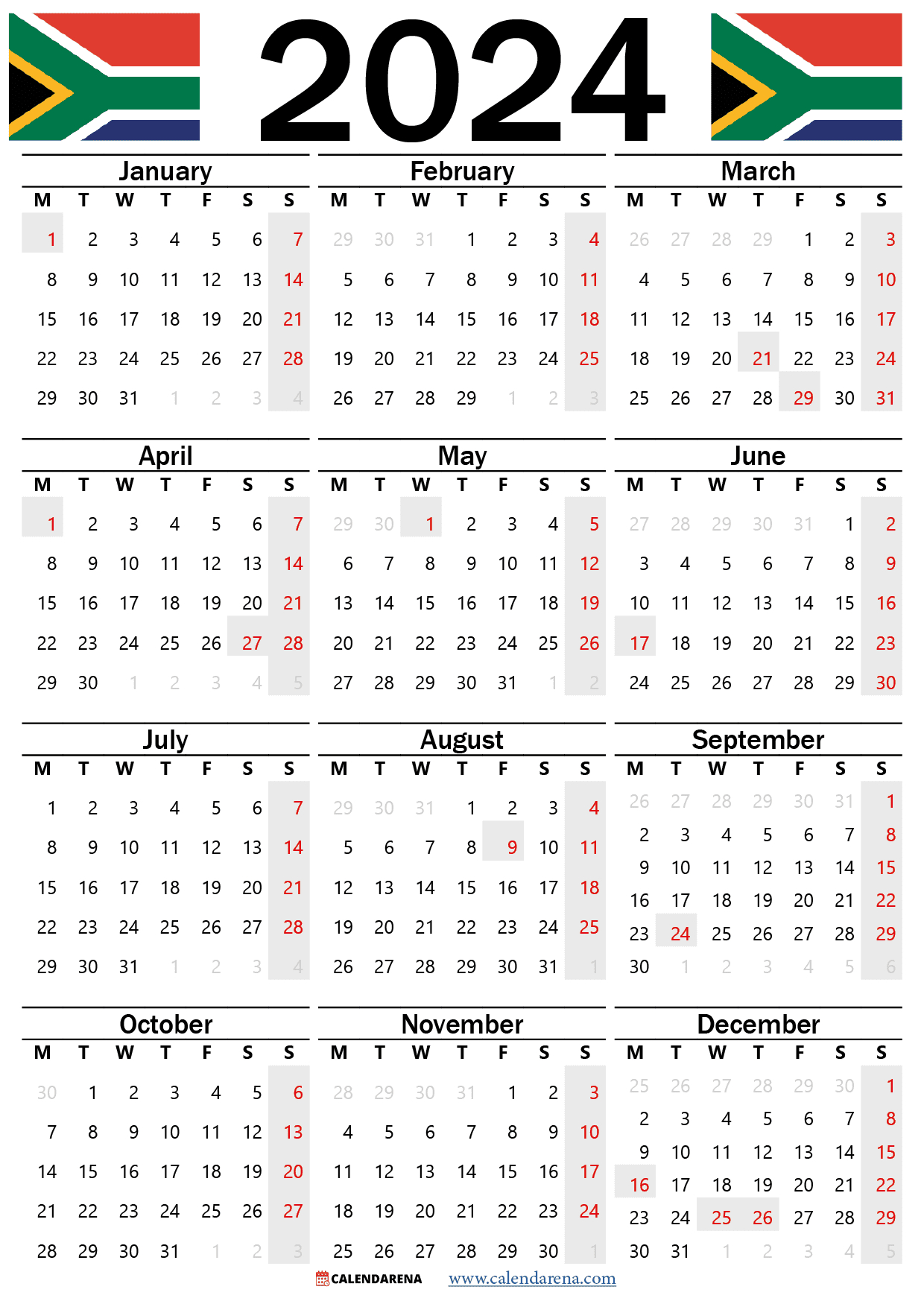 South Africa 2023 Calendar With Holidays Printable | Calendar 2024 Printable South Africa