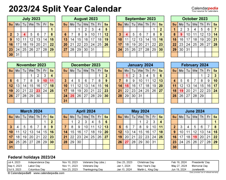 Split Year Calendars 2023/2024 (July To June) - Pdf Templates | August 2023 to July 2024 Calendar Printable