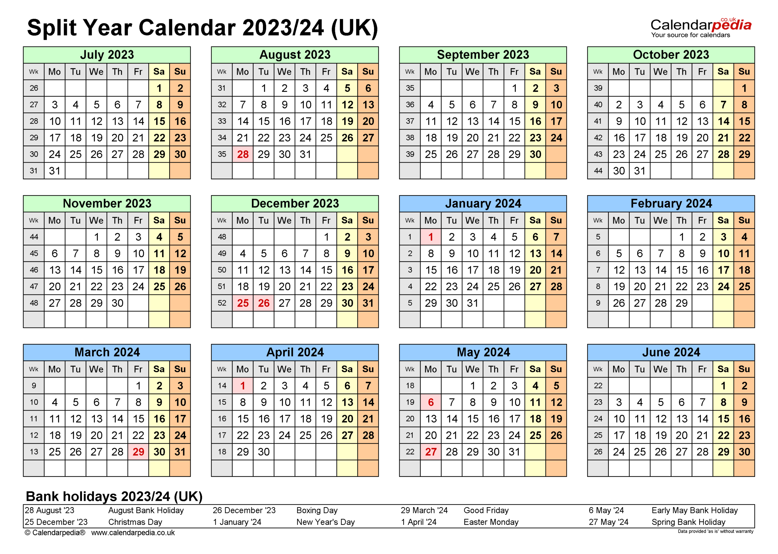 Split Year Calendars 2023/24 Uk (July To June) For Pdf | 2023 Calendar 2024 Printable UK