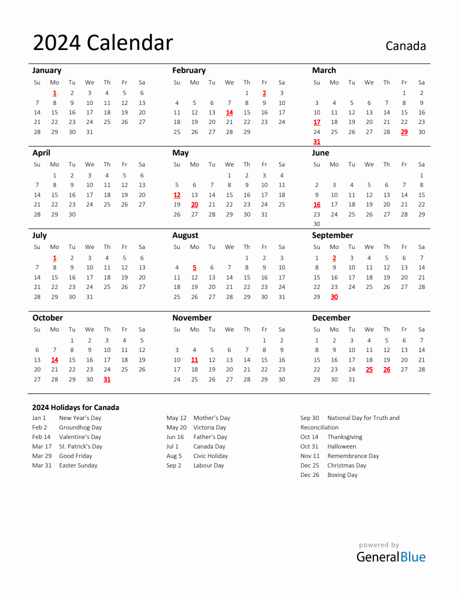 Standard Holiday Calendar For 2024 With Canada Holidays | Printable Calendar 2024 Canadian Holidays