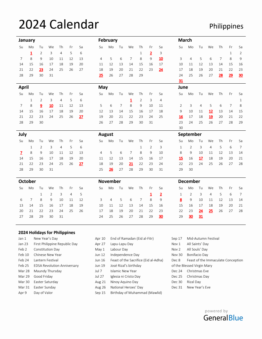 Standard Holiday Calendar For 2024 With Philippines Holidays | Calendar 2024 Printable With Holidays Philippines