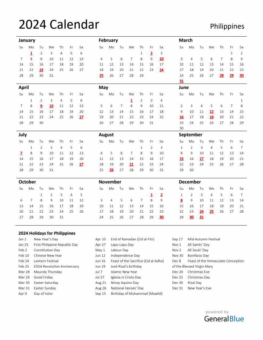 Standard Holiday Calendar For 2024 With Philippines Holidays | Printable Calendar 2024 With Holidays Philippines