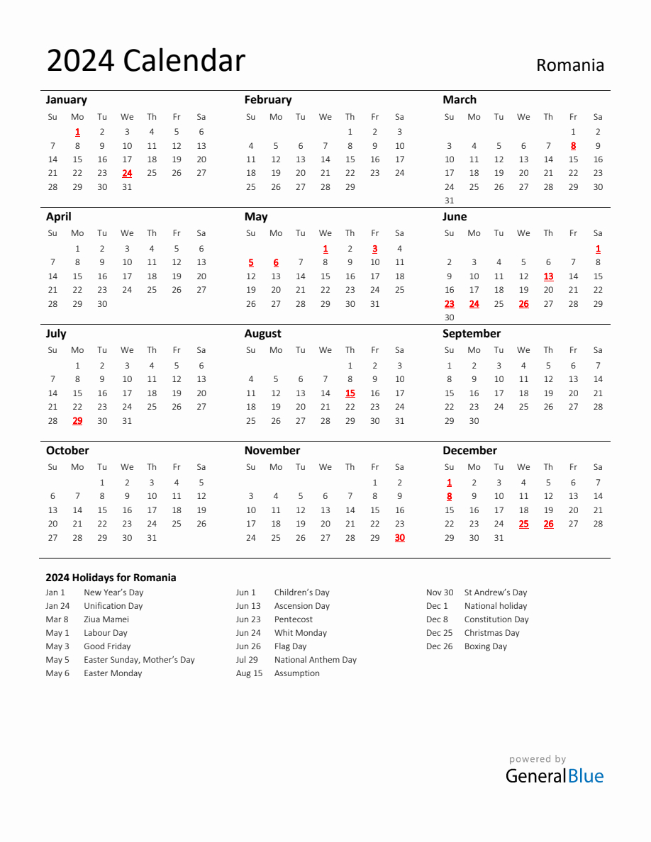 Standard Holiday Calendar For 2024 With Romania Holidays | Calendar 2024 Romanesc Printable