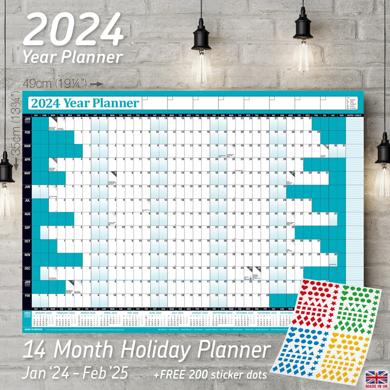 Tableau Mural Planificateur Année 2024 Avec Calendrier 2024 ✔Taille B3  Sarcelle | 2024 Yearly Calendar And Planner