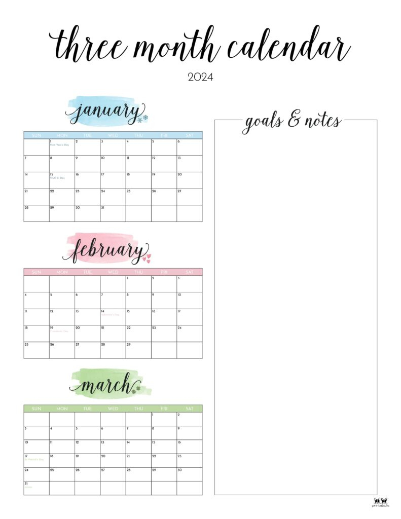 Three Month/Quarterly Calendars - 36 Free Calendars | Printabulls | 2024 Calendar Printable 3 Months Per Page