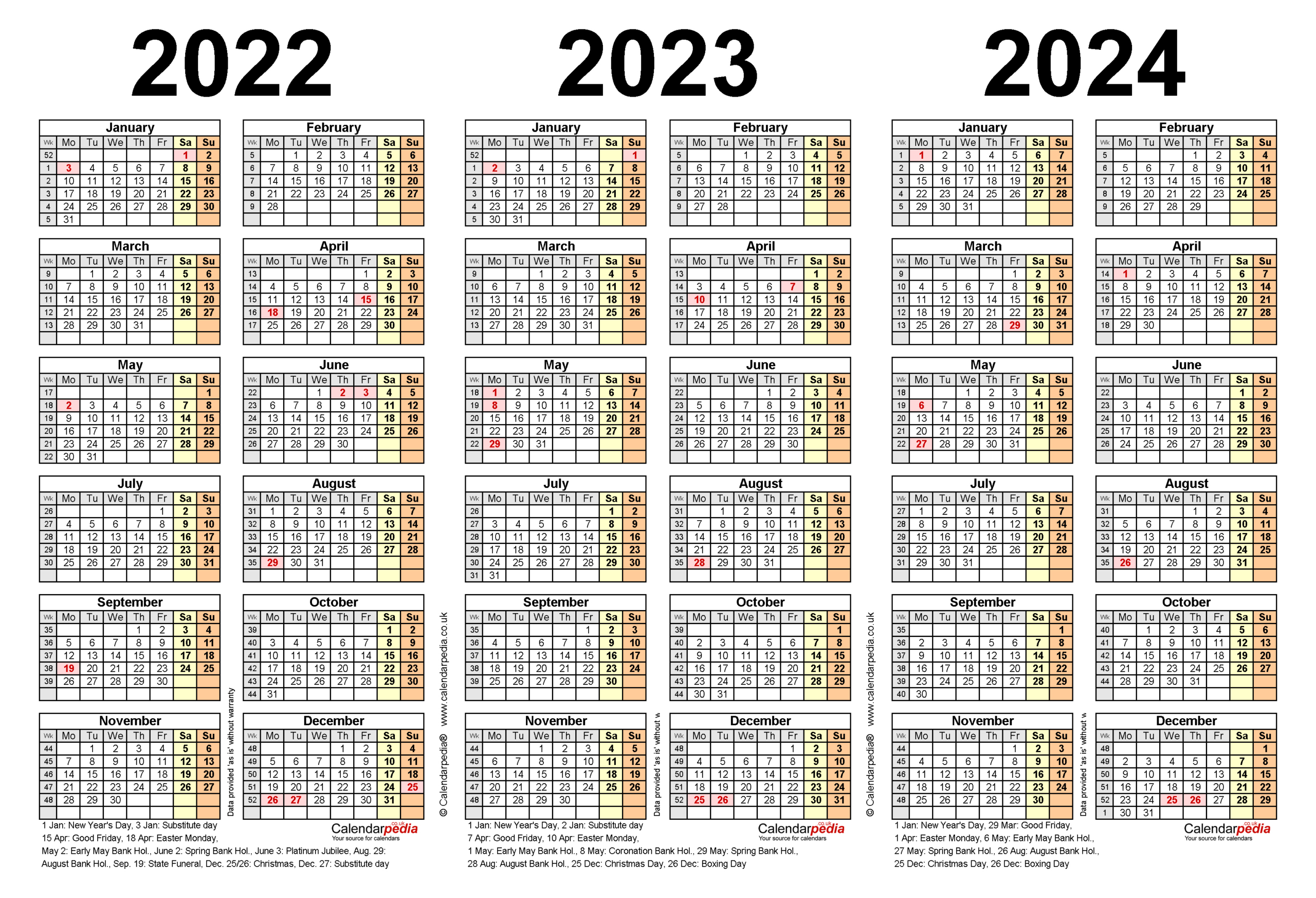 Three Year Calendars For 2022, 2023 &amp;amp; 2024 (Uk) For Word | Printable Calendar 2022 to 2024